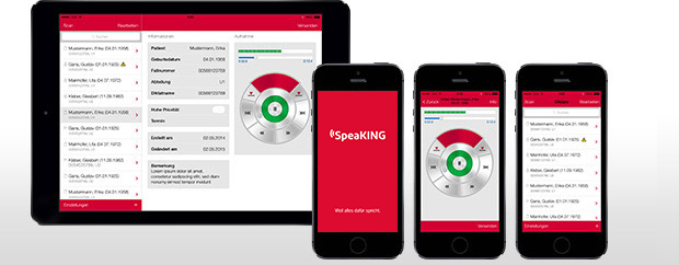 L'application SpeaKING transforme alors l'iPhone, l'iPod touch ou l'iPad en un dictaphone répondant à vos exigences professionnelles et permettant l'accès mobile aux informations actuelles du patient depuis le SIH